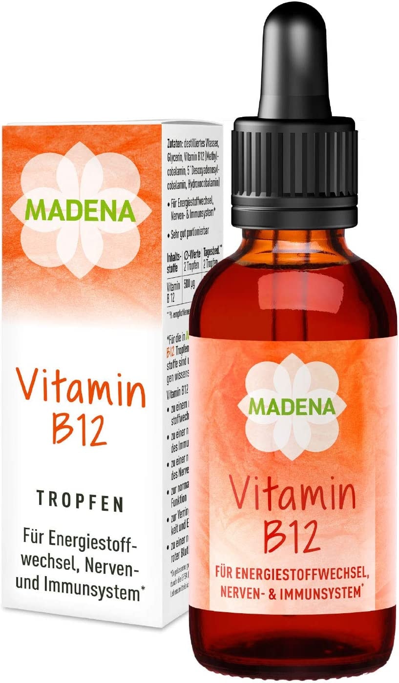 Produktbild von Bewertung MADENA Vitamin B12 Tropfen 2 bioaktive B12 Formen Methyl- und Adenosylcobalamin Depotform Hydroxocobalamin hochdosiert 250 µg pro Tropfen vegan 50 ml