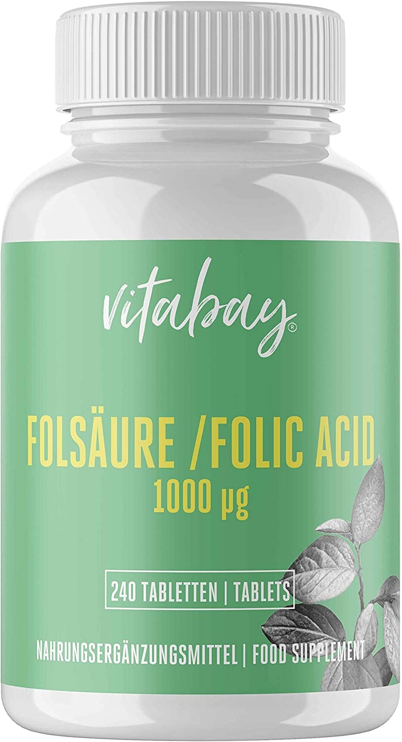 Produktbild von Vitabay Folsäure 1000 mcg | 240 vegane Tabletten | Hochdosiert & Hohe Bioverfügbarkeit | Folat | Laborgeprüft & hergestellt aus hochwertigen Rohstoffen
