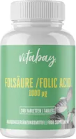 Produktbild von Vitabay Folsäure 1000 mcg | 240 vegane Tabletten | Hochdosiert & Hohe Bioverfügbarkeit | Folat | Laborgeprüft & hergestellt aus hochwertigen Rohstoffen