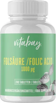 Produktbild von Vitabay Folsäure 1000 mcg | 240 vegane Tabletten | Hochdosiert & Hohe Bioverfügbarkeit | Folat | Laborgeprüft & hergestellt aus hochwertigen Rohstoffen