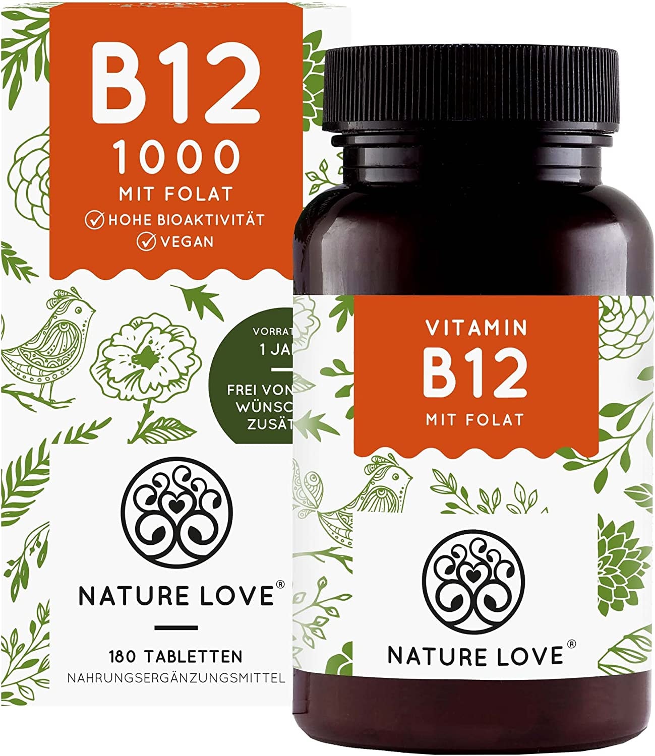 Produktbild von Bewertung NATURE LOVE Vitamin B12 Vegan 180 Tabletten Beide aktive Formen Adenosyl- & Methylcobalamin + Depot + Folat 5-MTHF aus Quatrefolic® - Hochdosiert, deutsche Produktion