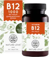 Produktbild von Bewertung NATURE LOVE Vitamin B12 Vegan 180 Tabletten Beide aktive Formen Adenosyl- & Methylcobalamin + Depot + Folat 5-MTHF aus Quatrefolic® - Hochdosiert, deutsche Produktion