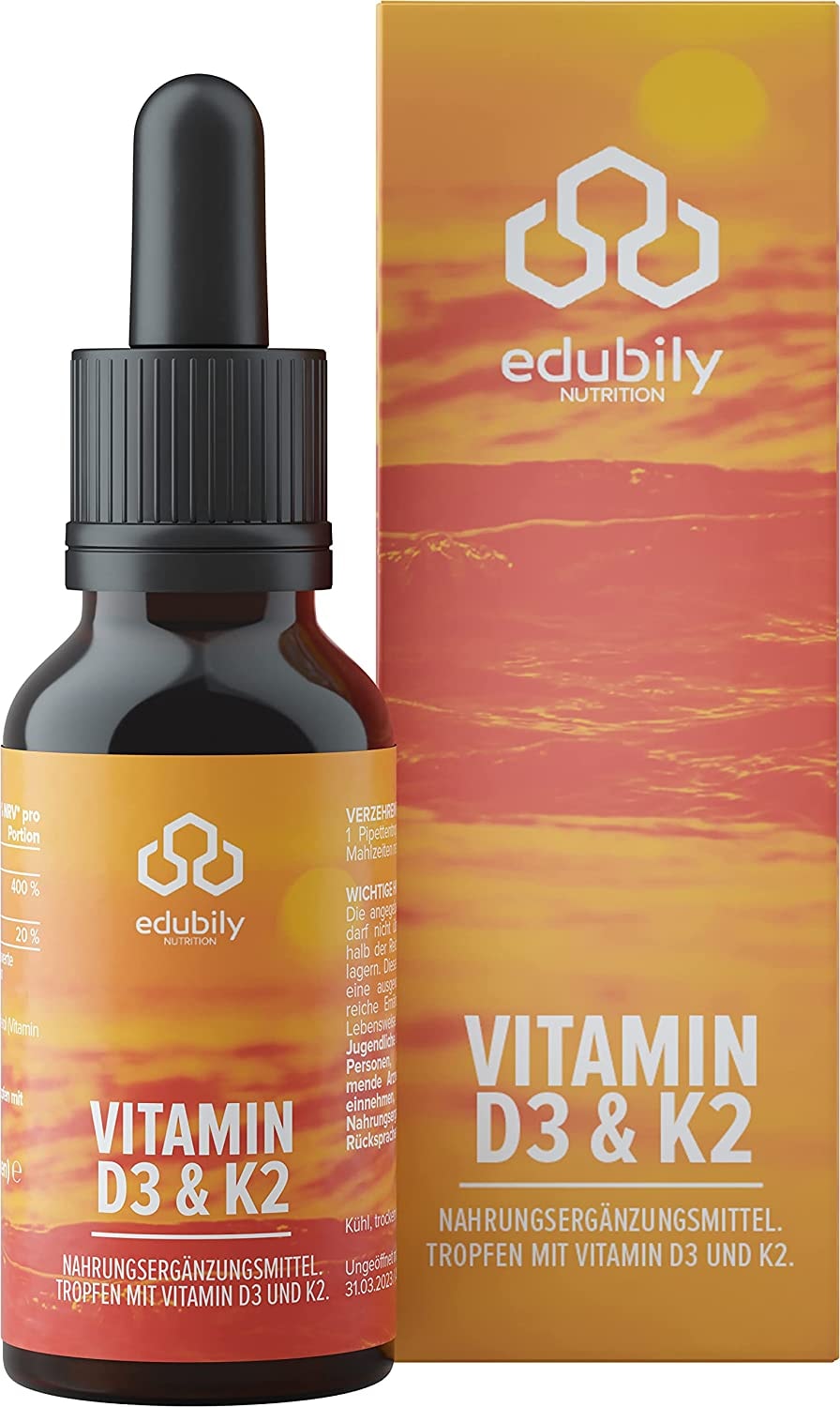 Produktbild von edubily nutrition Vitamin D3 K2. 1132 Tropfen gelöst in MCT Öl. Vitamin D3 trägt zu einer normalen Funktion des Immunsystems, der Knochen & Muskeln bei.