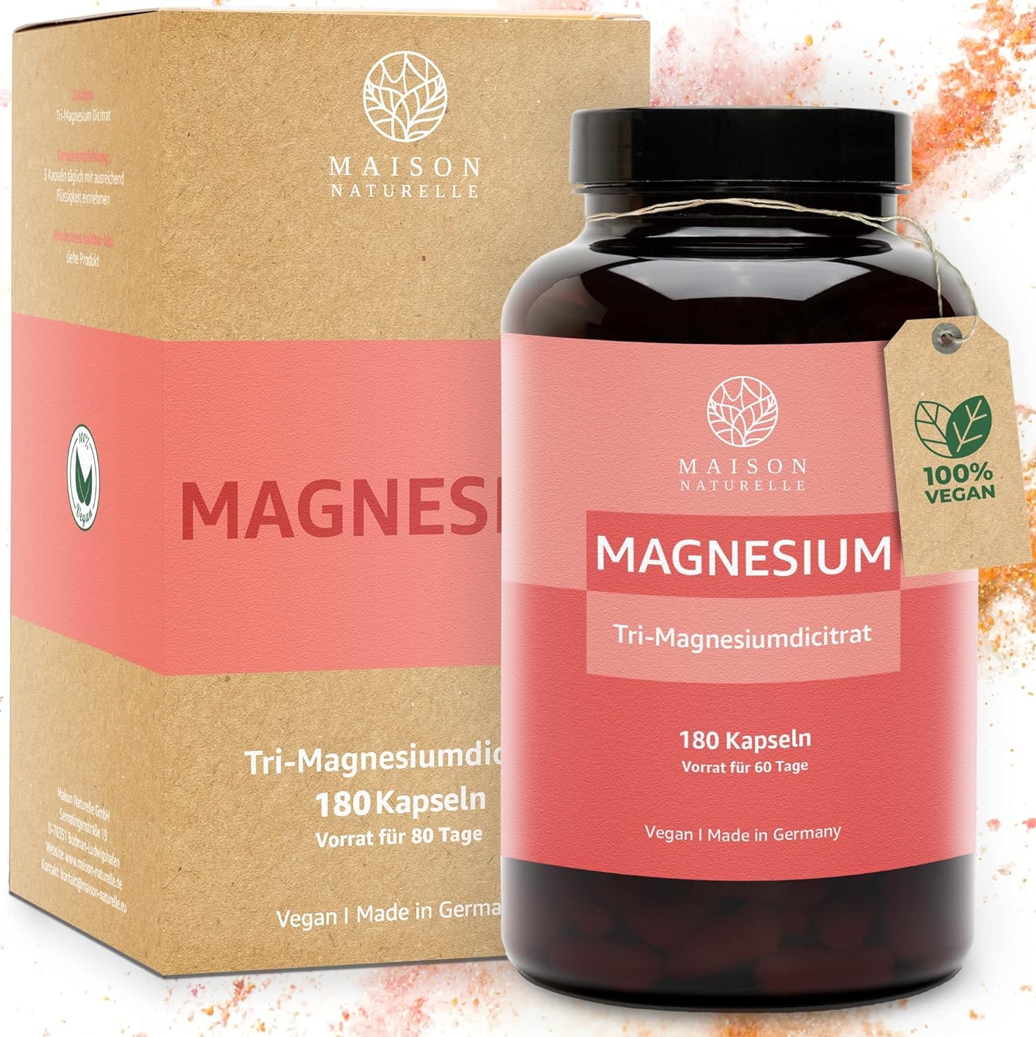 Produktbild von MAISON NATURELLE Magnesiumcitrat Kapseln (180 Stück) – Hochdosiert mit 2250 mg Magnesium – Magnesiumcitract Hochdosiert Kapseln Magnesiumcitract Magnesium Citrate Magnesiumcitract Kapseln Vegan