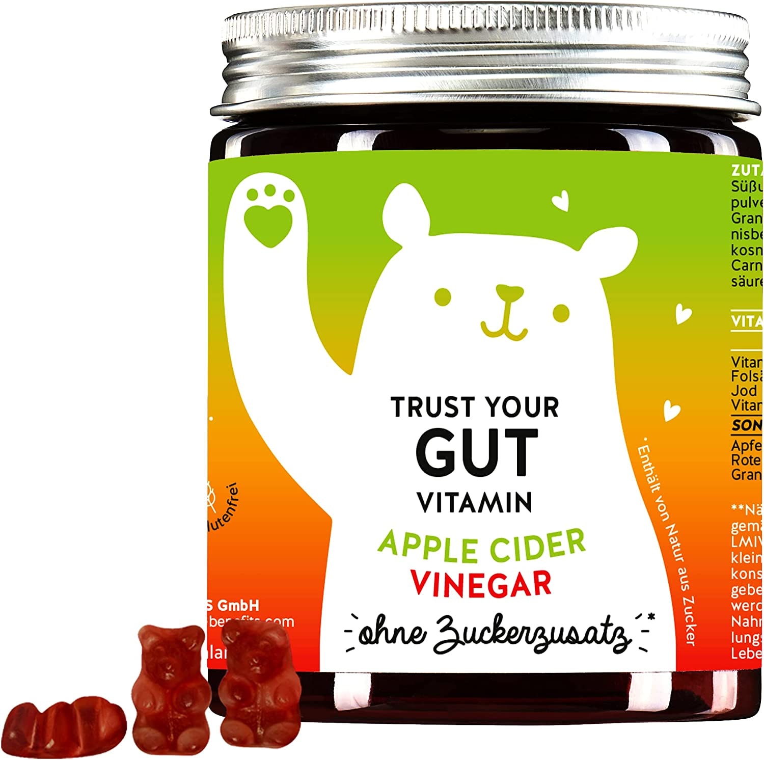 Produktbild von Bears with Benefits Präbiotikum mit Apfelessig für den Darm mit Vitamin B6, B9, B12 und Jod für Darm-Wohlbefinden & Entschlacken - vegane Gummibärchen ohne Zuckerzusatz - 60St Monatsvorrat - Trust Your Gut Vitamin Bears with Benefits
