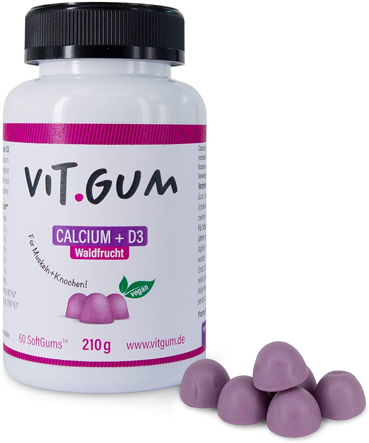 Produktbild von Vit.Gum - Calcium und Vitamin D zum Kauen, Vegan, leicht und lecker, Für Muskeln und Knochen, 60 Gums, Waldfrucht, 210 g