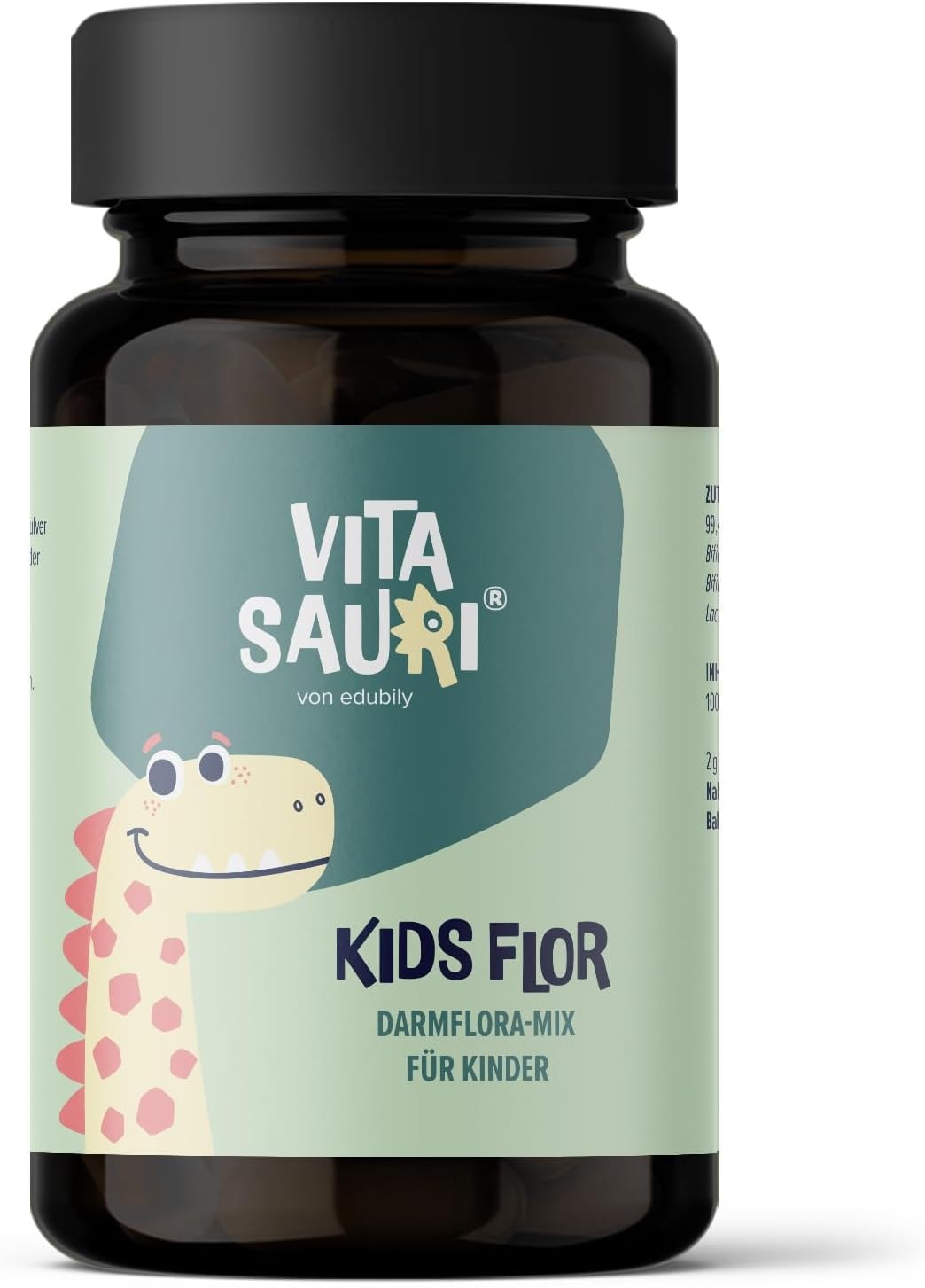 Produktbild von Bewertung edubily nutrition Vitasauri Kids Flor Probiotika Pulver Darmflora Mix für Kinder mit 10 Darmbakterien Stämmen u.a. Lactobacillus reuteri, Bifidobakterien und Akazienfasern