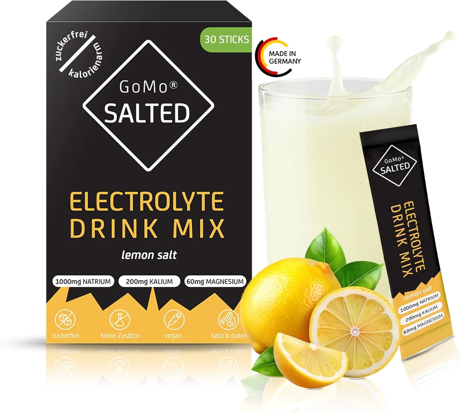 Produktbild von Bewertung GoMo SALTED Hydration Aid Elektrolyte ohne Zucker kalorienarm verbesserte Wasseraufnahme & schnelle Hydration 30 Einzelportionen Elektrolyt Sport Pulver mit Schweizer Alpensalz Lemon Geschmack
