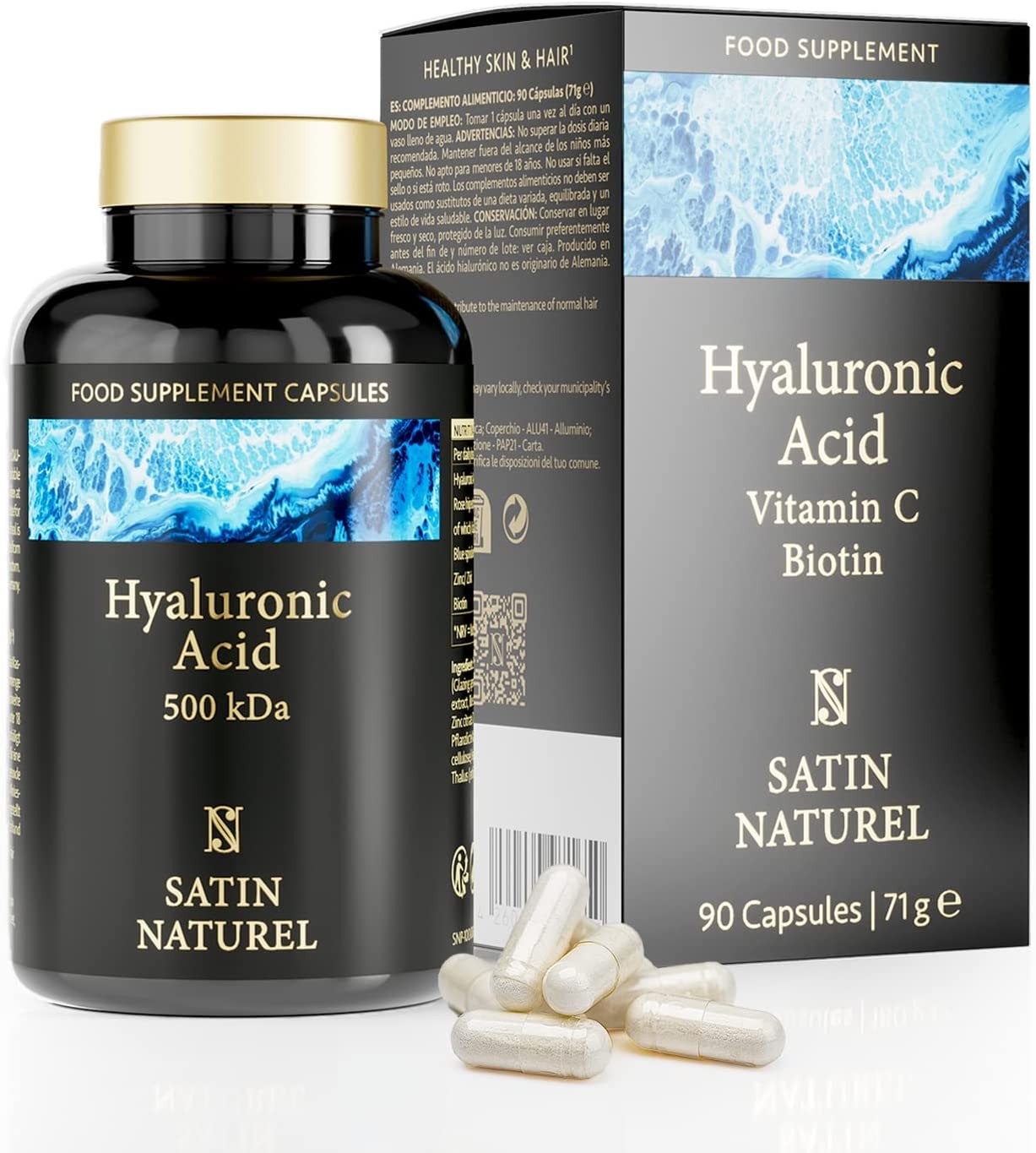 Produktbild von SATIN NATUREL- Hyaluron Kapseln hochdosiert - 562mg Hyaluronsäure mit Vitamin C, Spirulina & Biotin - 90 Beauty Kapseln, 500kDa, vegan - Ohne Zusatzstoffe, Made in Germany, Nahrungsergänzungsmittel