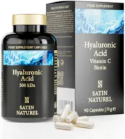 Produktbild von SATIN NATUREL- Hyaluron Kapseln hochdosiert - 562mg Hyaluronsäure mit Vitamin C, Spirulina & Biotin - 90 Beauty Kapseln, 500kDa, vegan - Ohne Zusatzstoffe, Made in Germany, Nahrungsergänzungsmittel