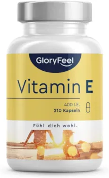 GloryFeel Natürliches Vitamin E - 400 IE bioaktives D-Alpha Tocopherol - 210 Softgel-Kapseln hochdosiert, extrahiert aus Sonnenblumenkernen (7-Monatsvorrat) - Laborgeprüft in Deutschland hergestellt