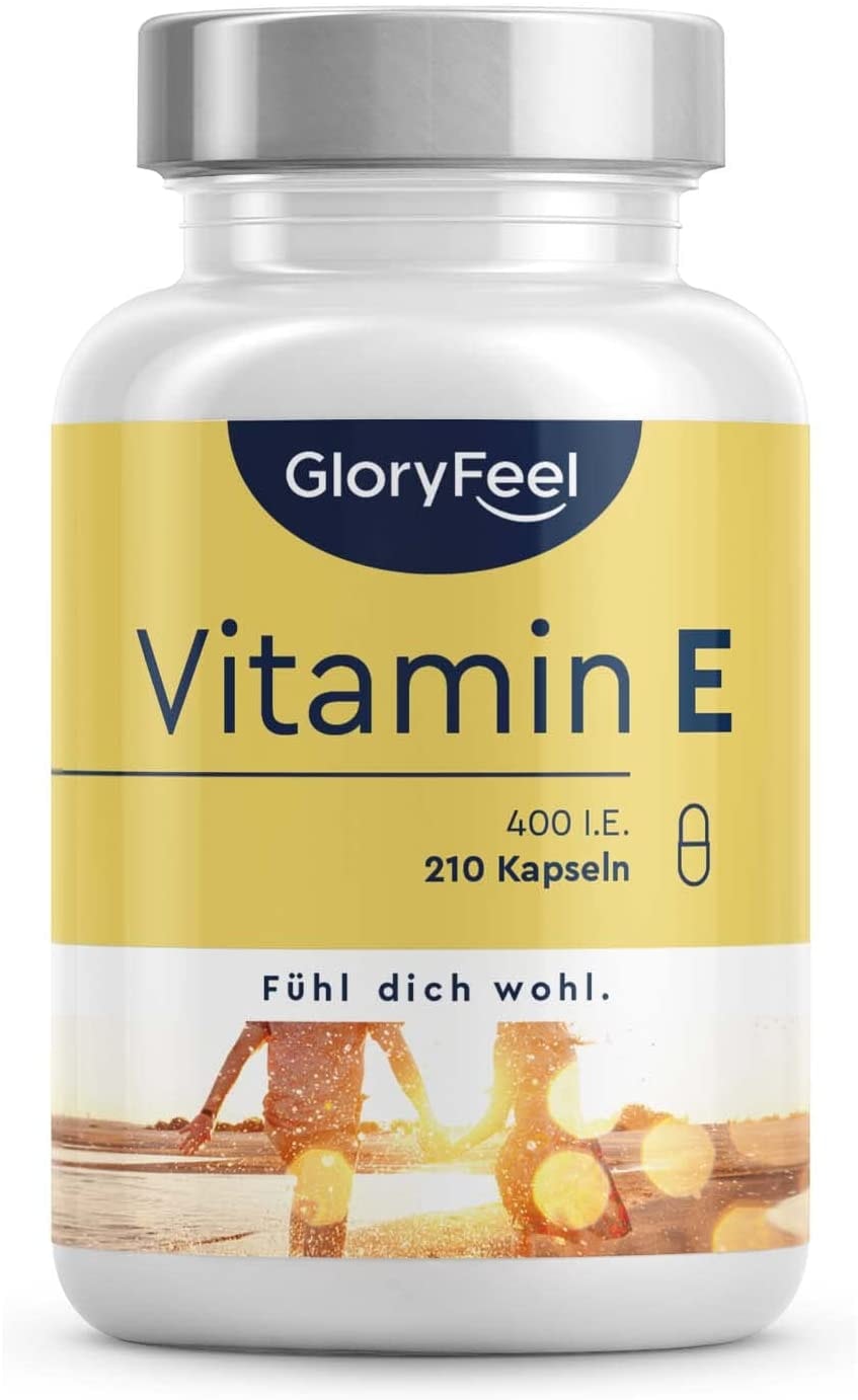 Produktbild von GloryFeel Natürliches Vitamin E - 400 IE bioaktives D-Alpha Tocopherol - 210 Softgel-Kapseln hochdosiert, extrahiert aus Sonnenblumenkernen (7-Monatsvorrat) - Laborgeprüft in Deutschland hergestellt