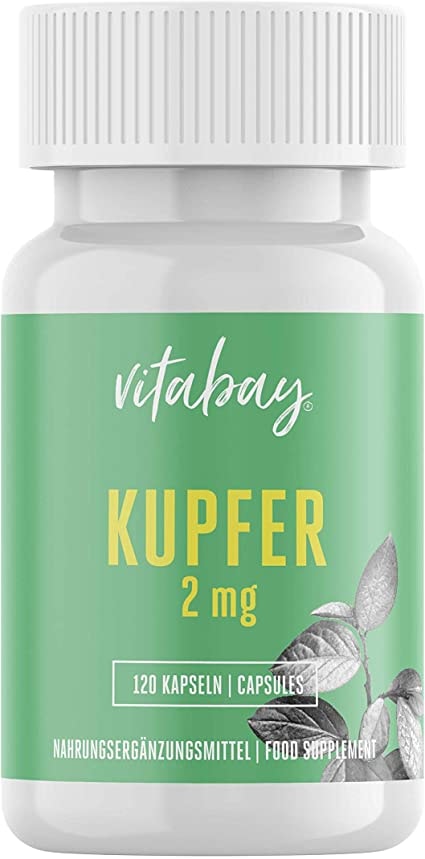 Produktbild von Vitabay Kupfer 2 mg • 120 Kapseln • Kupfergluconat • Vegan und natürlich • Bioverfügbar • Essentielles Spurenelement • Frei von Zusatzstoffen • Made in Germany