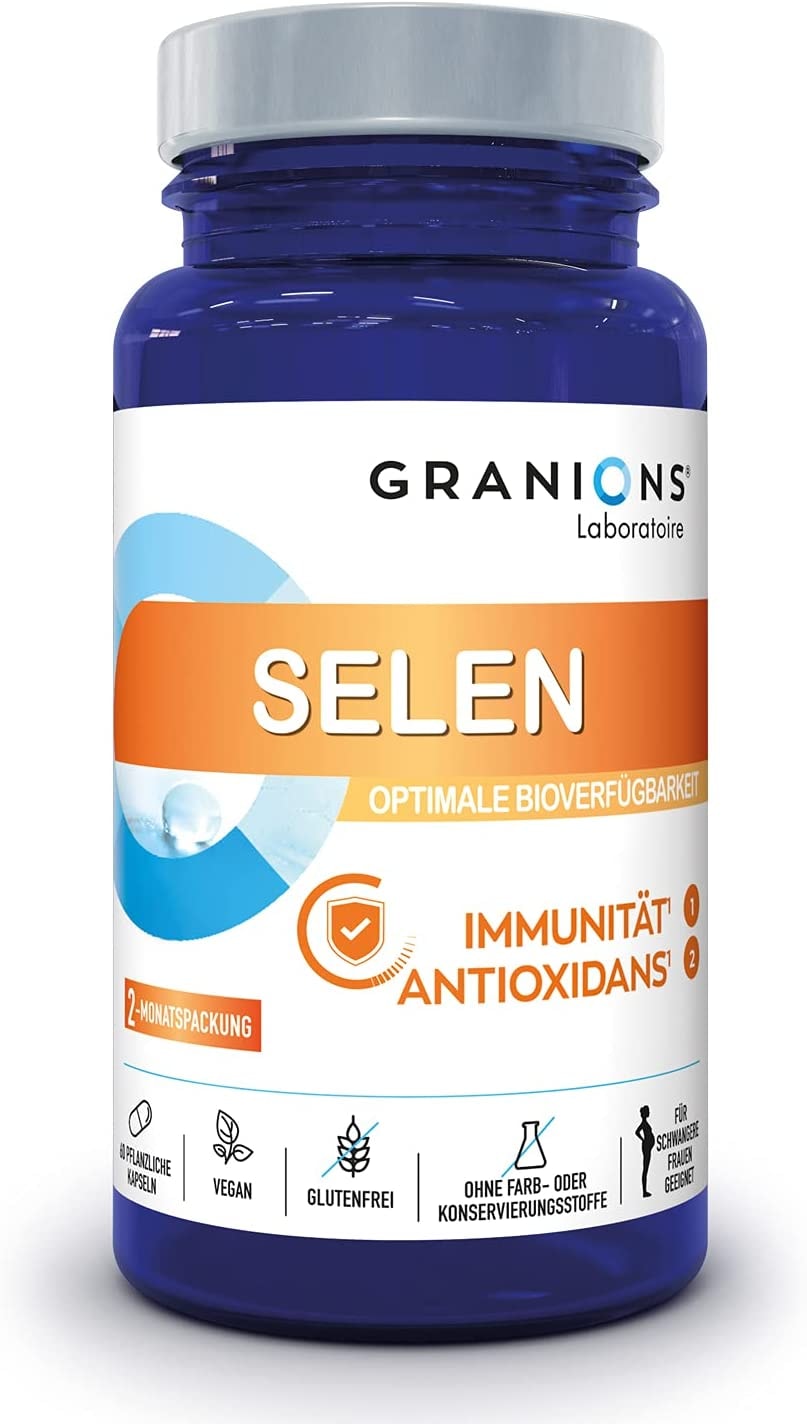 Produktbild von GRANIONS SELENIUM 55µg 100% der empfohlenen Zufuhr Optimale Bioverfügbarkeit IMMUNITÄT UND ANTI OXIDANT - Für Schwangere geeignet - 60 Kapseln - 1 Flasche = 2 Monate