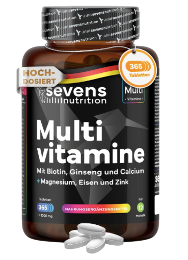 Produktbild von Bewertung Sevens Nutrition Multivitamine Tabletten Hochdosiert Magnesium Zink B-Vitamine Vitamin D Biotin Jahresvorrat Antioxidationsmittel Energie Gehirn Immunsystem Knochen Gelenke