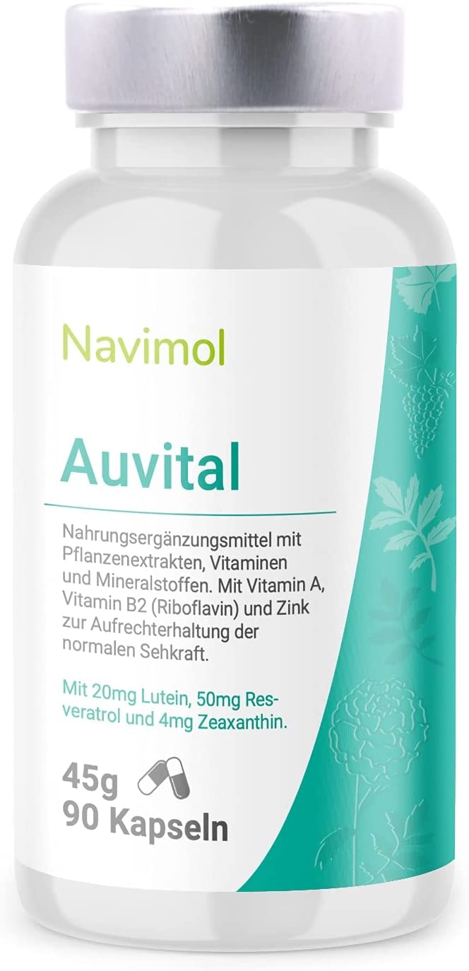 Produktbild von Auvital 90 Kapseln Nahrungsergänzungsmittel Mit Vitamin A, Vitamin B2 (Riboflavin) & Zink zur Aufrechterhaltung der normalen Sehkraft | 20mg Lutein | 50 mg Resveratrol | 4mg Zeaxanthin