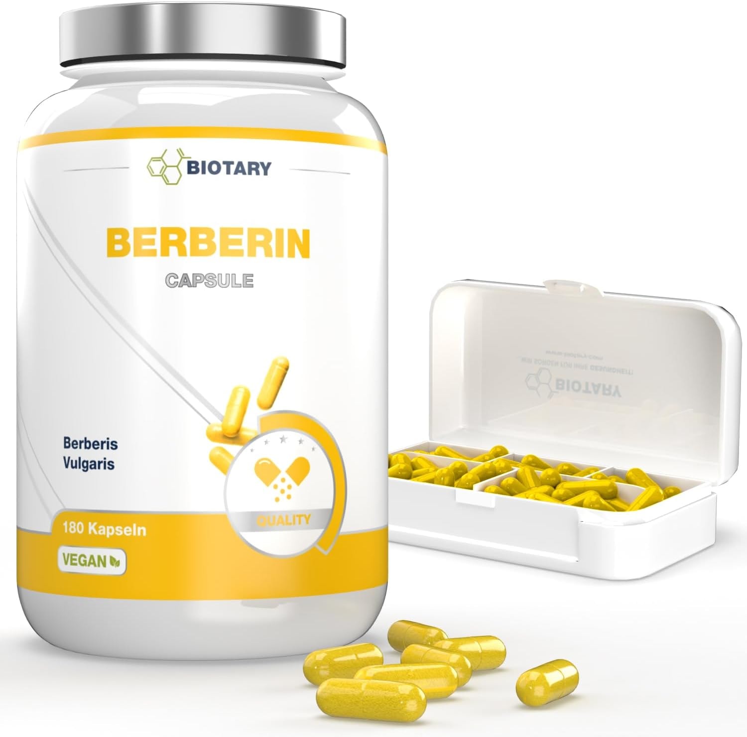 Produktbild von Bewertung BIOTARY Berberin 1000 mg Tagesportion 180 Kapseln Inclusive Pillenbox, Hochdosierte Premium Qualität, Vegan und natürlich aus 97% Berberis Vulgaris, Ohne Magnesiumstearat