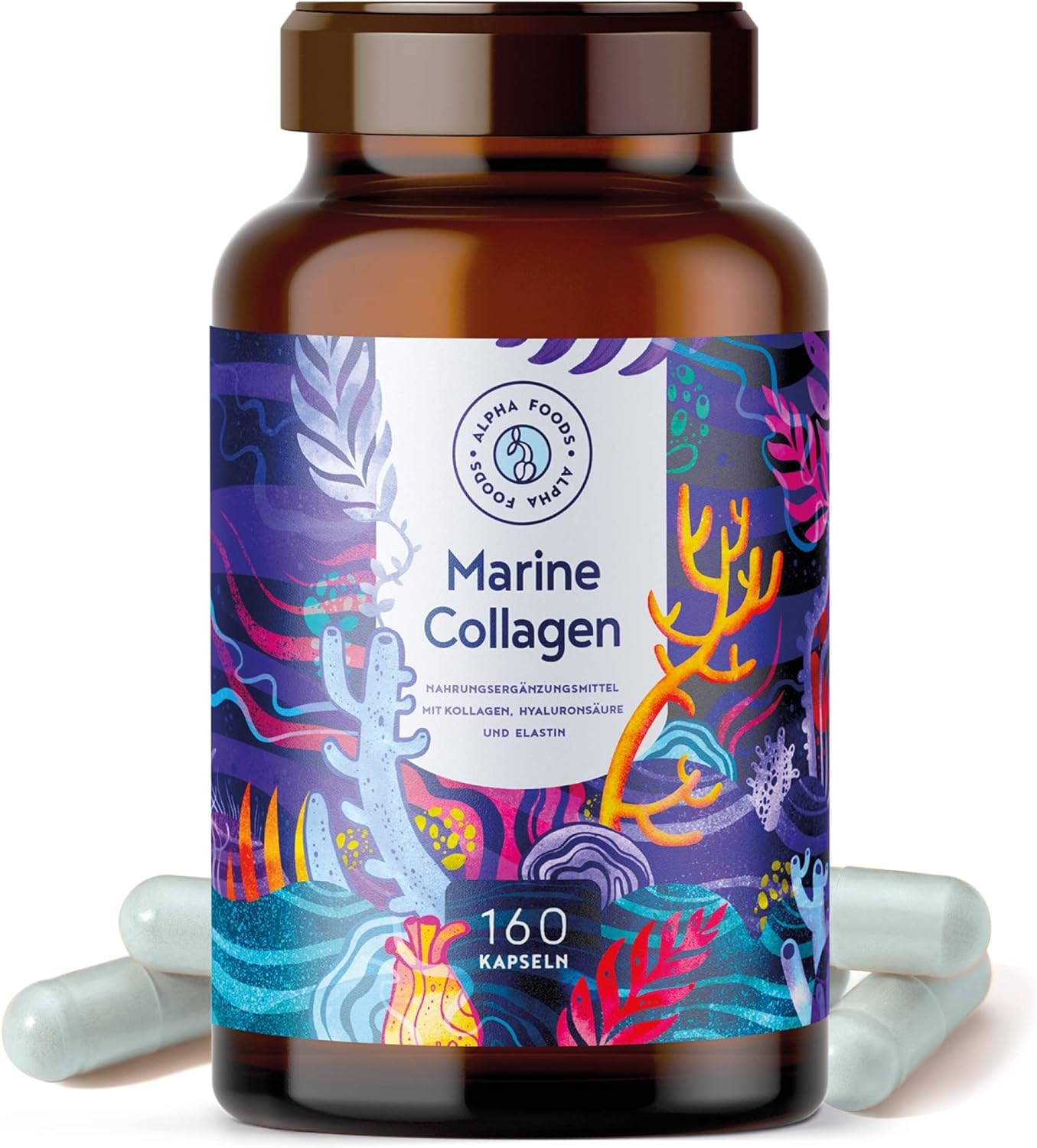 Produktbild von ‎Bewertung Alpha Foods Marine Meeres Collagen mit Hyaluronsäure Kapseln 160 Kapseln Meeres Kollagen Hydrolysat & Marines Elastin mit Hyaluronsäure & Spirulina - auch für Pescetarier geeignet - Alpha Foods