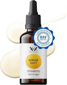 Produktbild von Bewertung XbyX Sonne Satt Premium Vitamin D3 Tropfen hochdosiert 30ml 950 Tropfen pflanzlich mit 1000 I.E. Vegan Laktosefrei Glutenfrei Laborgeprüft Aus Flechtenextrakt in MCT-Kokosöl Aus Deutschland