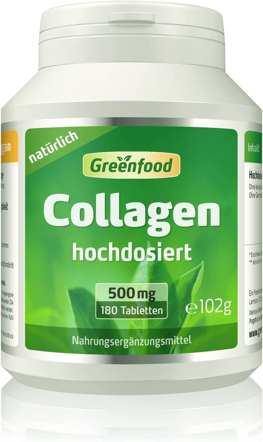 Produktbild von Greenfood Collagen 500mg hochdosiert 180 Tabletten natürliches Collagenhydrolysat. OHNE künstliche Zusätze, ohne Gentechnik.
