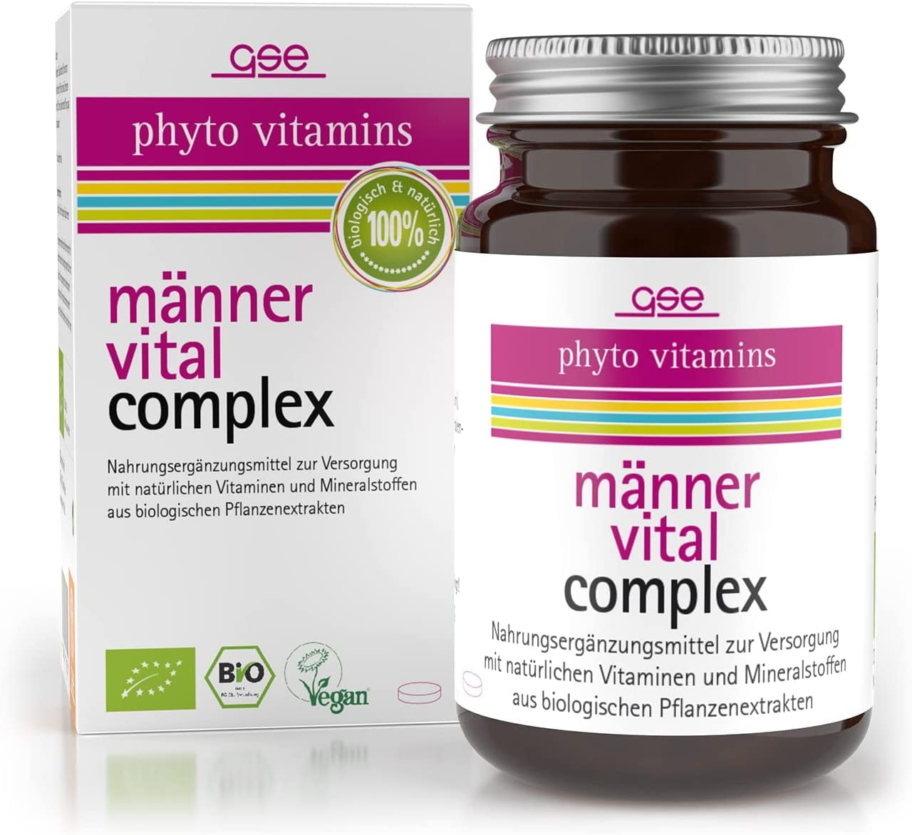 Produktbild von GSE Männer Vital Complex Multivitamin Tabletten, 60 Kapseln, reich an Vitaminen, Mineralstoffen und Spurenelementen, BIO-Qualität, 100% vegan und ohne Zusatzstoffe