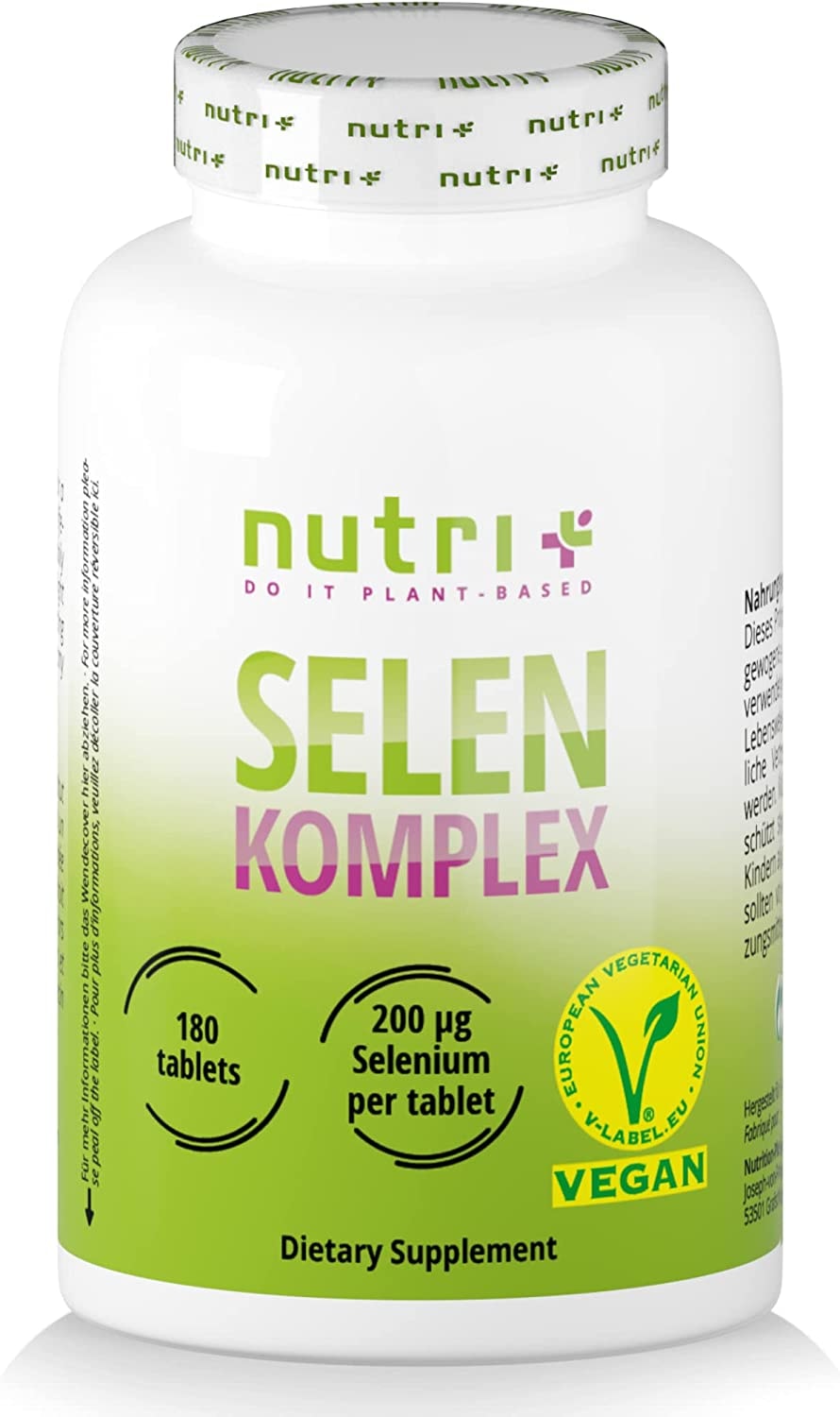 Produktbild von nutri + Selen Komplex 200µg 180 Tabletten hochdosiert vegan für Männer & Frauen 200 mcg Selenmethionin und Natriumselenit pro Tablette - ohne Zusatzstoffe und Jod