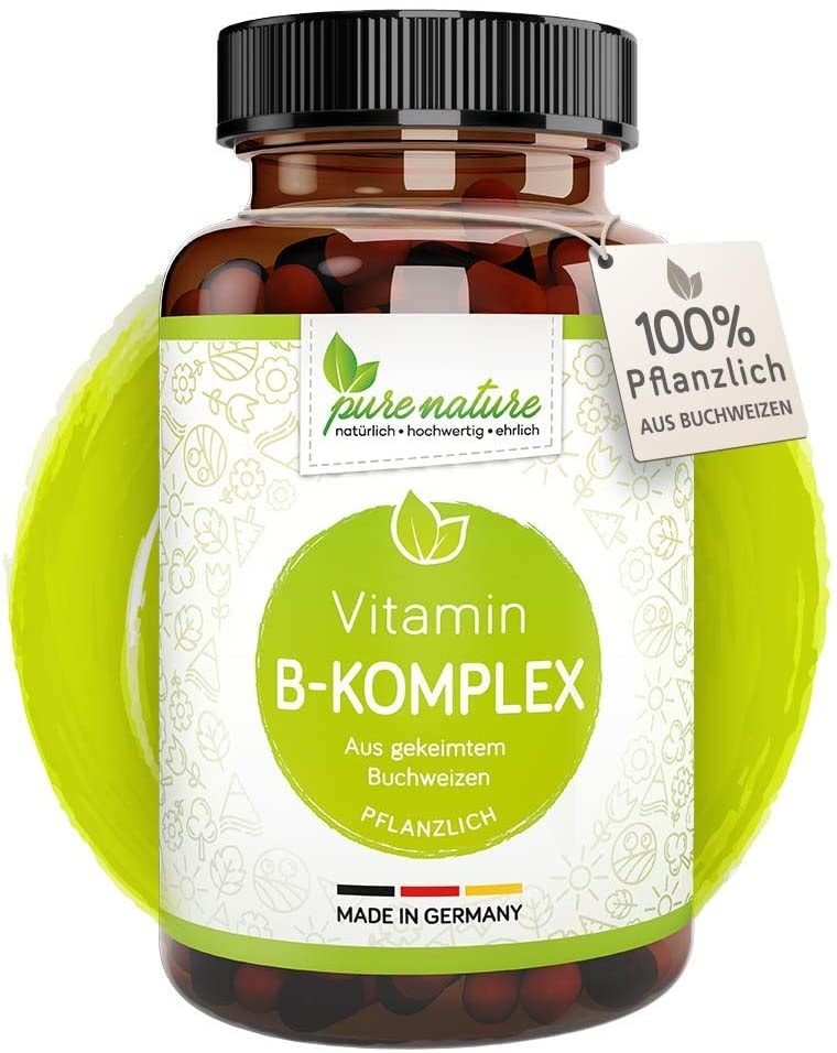 Produktbild von Pure Nature Vitamin B Komplex Hochdosiert rein aus Buchweizen 90 Kapseln Alle B-Vitamine Vegan Laborgeprüft Ohne Zusatzstoffe