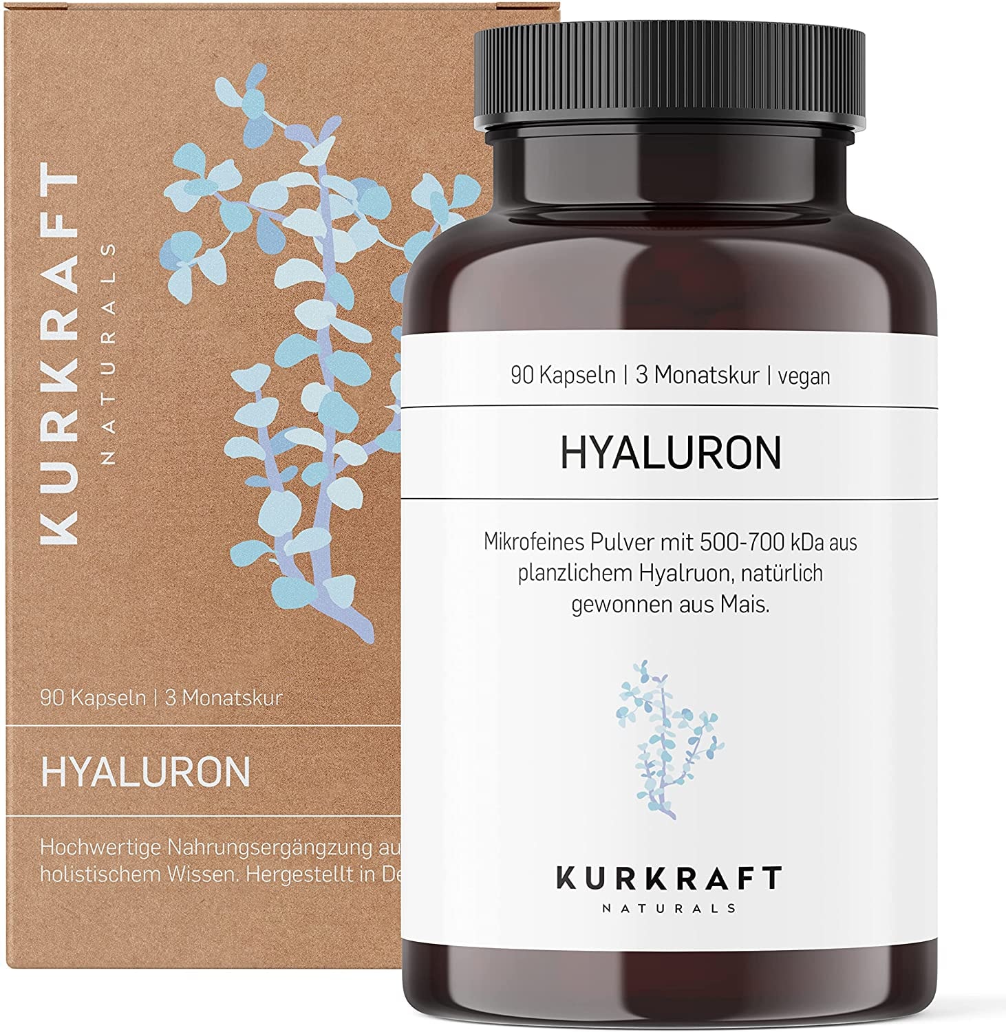 Produktbild von KURKRAFT Hyaluron Kapseln hochdosiert 90 Kapseln á 500mg 500-700 kDa Natürlich fermentiert Hyaluronsäure Kapseln - Vegan - 3 Monate Reichweite - laborgeprüft