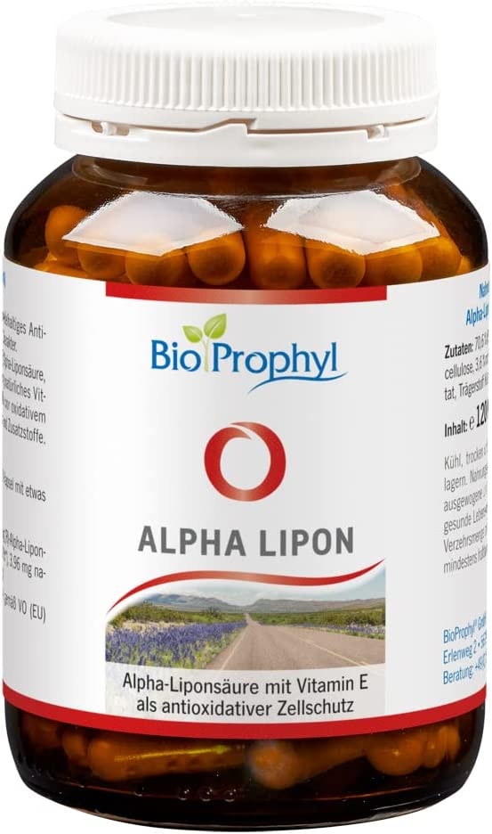 Produktbild von BioProphyl Alpha Lipon 300 mg rein natürliche (R)-Alpha Liponsäure ohne synthetische (S)-Alpha Liponsäure mit Vitamin E und Niacin - 120 pflanzliche Kapseln