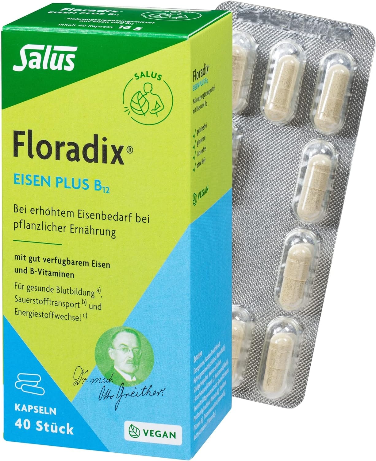 Produktbild von Bewertung Salus Floradix Eisen plus B12 40 Kapseln 16 g bei erhöhtem Eisenbedarf bei vegetarischer und veganer Ernährung mit gut verfügbarem Eisen und Vitamin B12