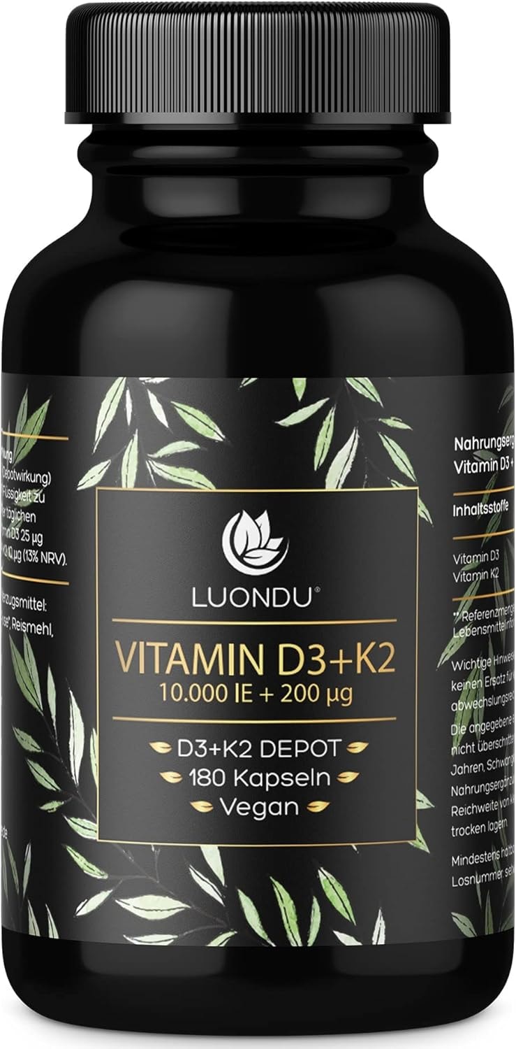 Produktbild von Bewertung Luondu Vitamin D3 Kapseln mit Vitamin K2 MK7 10.000 I.E Depot 180 Kapseln hochdosiert vegan Vitamin D3 K2 Kapseln