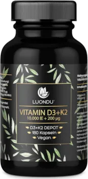 Produktbild von Bewertung Luondu Vitamin D3 Kapseln mit Vitamin K2 MK7 10.000 I.E Depot 180 Kapseln hochdosiert vegan Vitamin D3 K2 Kapseln