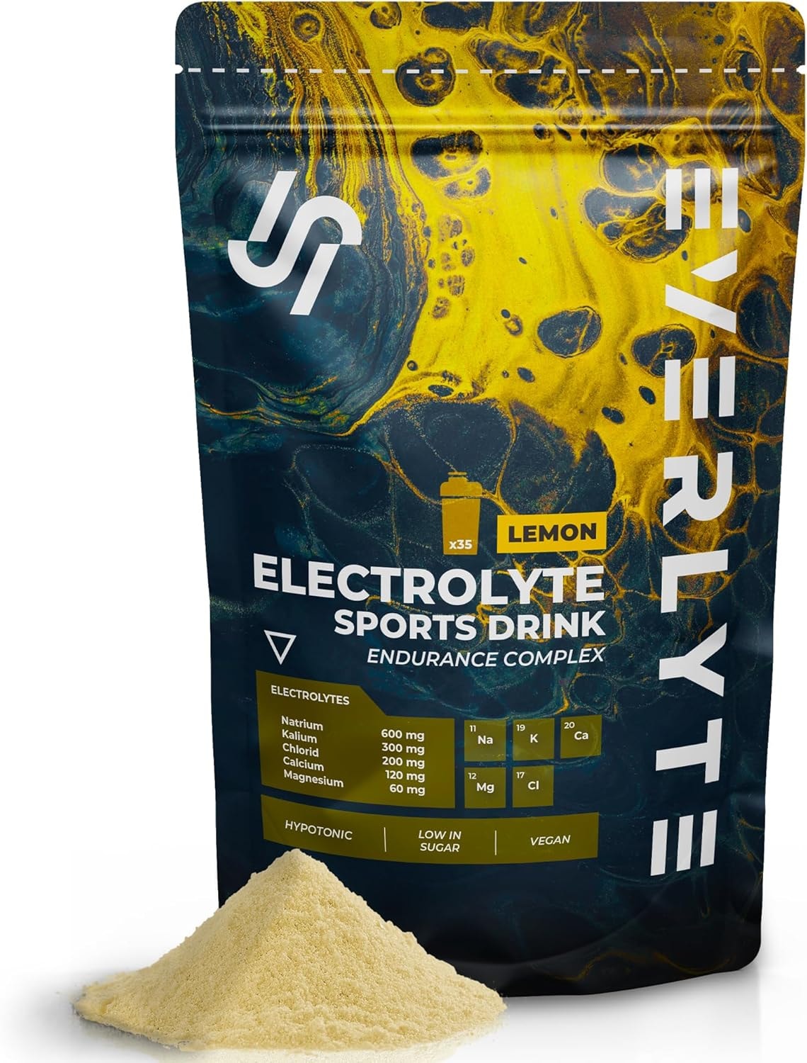Produktbild von Bewertung EVERLYTE Lemon Elektrolyte Pulver mit Natrium Kalium Calcium Magnesium & Chlorid für optimale Hydration 35 Anwendungen kalorienarmes Sport Getränkepulver/natürlich vegan zuckerarm
