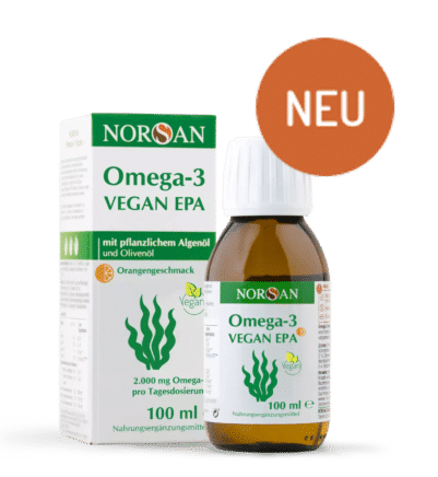 Produktbild von Bewertung Norsan Omega-3 VEGAN EPA Algenöl hochdosiertes EPA 1104 mg und mit DHA 770 mg Vitamin D3 Vitamin E und Olivenöl Extra Native