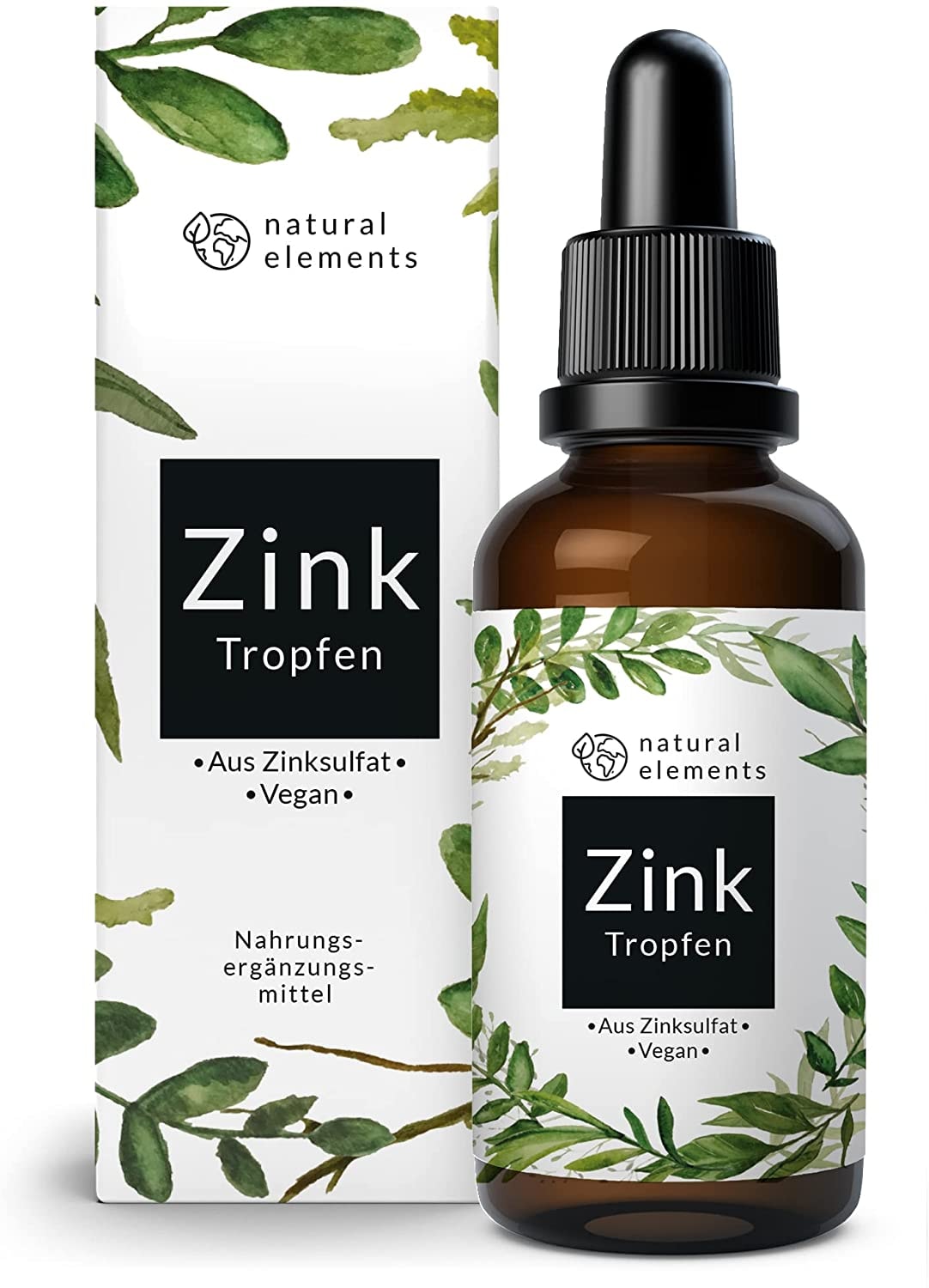 Produktbild von natural elements Zink Tropfen 100ml mit Ionisches Zink Sulfat - 2100 Tropfen Premium ohne Alkohol laborgeprüft vegan in Deutschland produziert