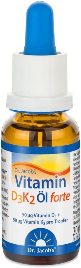 Produktbild von Bewertung Dr. Jacobs Vitamin D3 K2 Öl forte 20 ml 640 Tropfen 50 µg Vitamin D3 (2000 I.E.) 50 µg Vitamin K2 (Menachinon-7) pro Tropfen 640 Portionen gut für Knochen Muskeln und Immunsystem vegetarisch