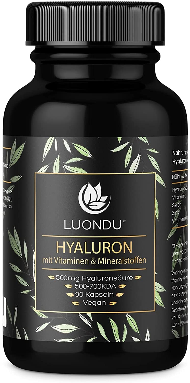 Produktbild von Luondu - Hyaluron Kapseln hochdosiert 500mg 90 Stück (3 Monate) Hyaluronsäure mit Vitamin C, Zink, Selen, Vitamin B2 - Laborgeprüft, Vegan, hergestellt in DE