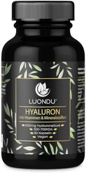 Produktbild von Luondu - Hyaluron Kapseln hochdosiert 500mg 90 Stück (3 Monate) Hyaluronsäure mit Vitamin C, Zink, Selen, Vitamin B2 - Laborgeprüft, Vegan, hergestellt in DE