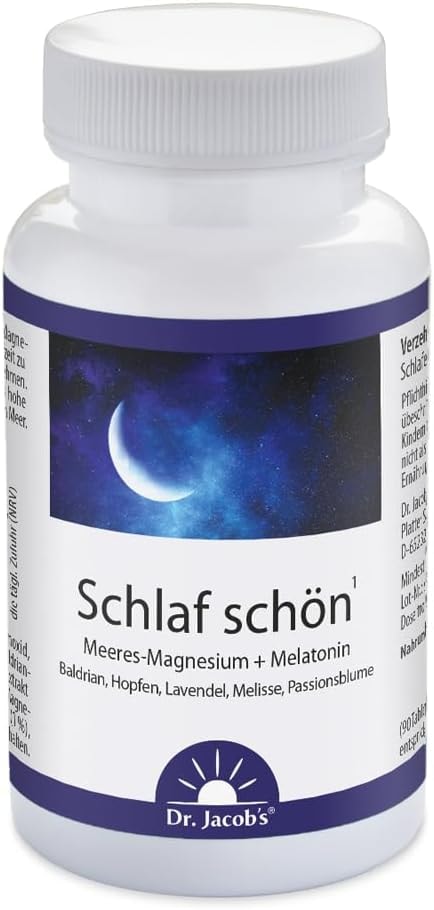 Produktbild von Bewertung Dr. Jacobs Schlaf schön für eine verkürzte Einschlafzeit mit Melatonin und natürlichem Magnesium aus dem Meer mit 5 Pflanzenextrakten Baldrian, Melisse, Passionsblume, Lavendel und Hopfen