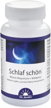 Produktbild von Bewertung Dr. Jacobs Schlaf schön für eine verkürzte Einschlafzeit mit Melatonin und natürlichem Magnesium aus dem Meer mit 5 Pflanzenextrakten Baldrian, Melisse, Passionsblume, Lavendel und Hopfen