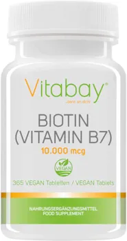 Vitabay Biotin 10.000 mcg • 365 vegane Tabletten • Vitamin B7 und Vitamin H • Für Haut, Haare und Nägel • Hochdosiert • Vorratspackung • Made in Germany