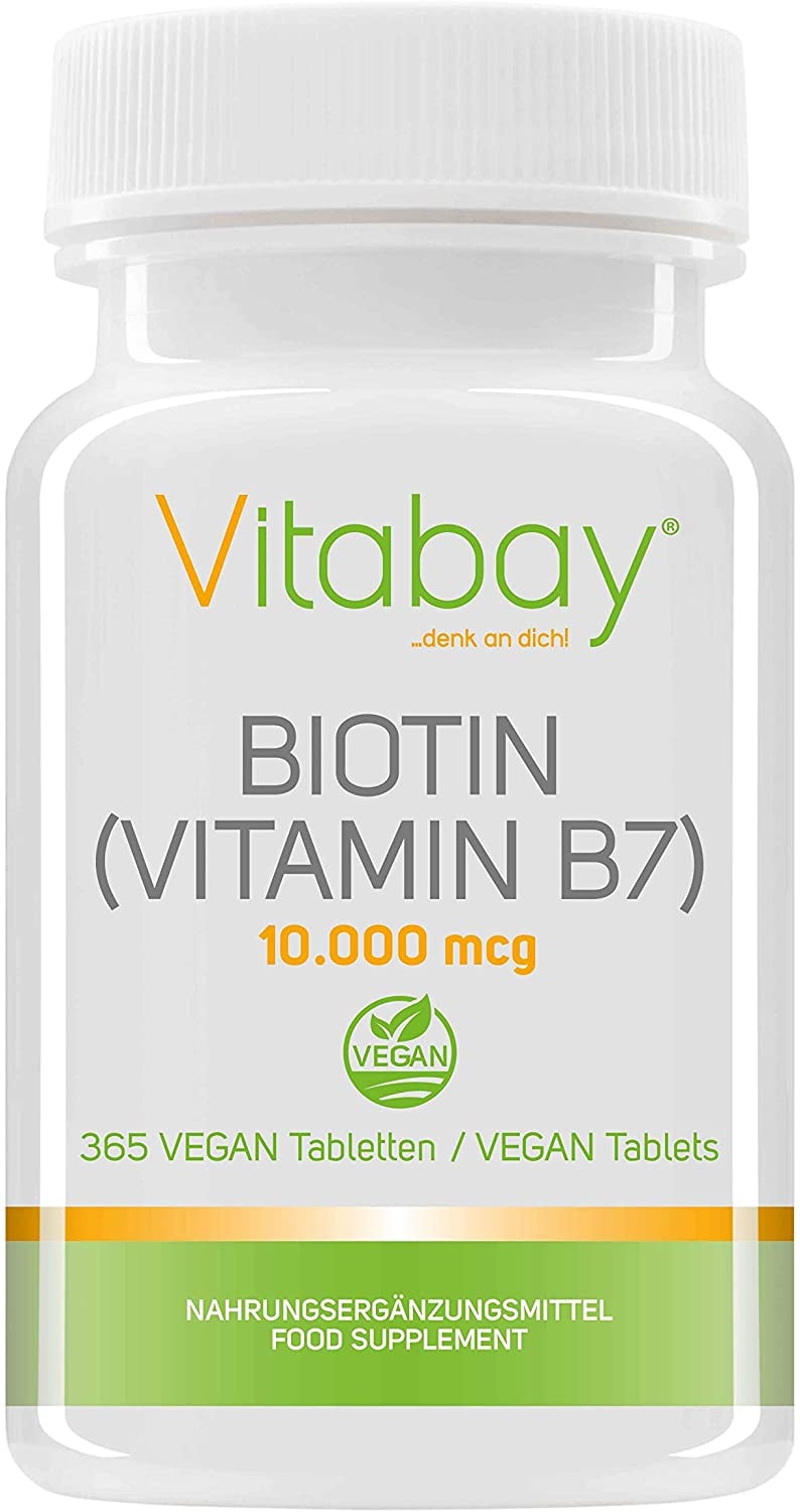 Produktbild von Vitabay Biotin 10.000 mcg • 365 vegane Tabletten • Vitamin B7 und Vitamin H • Für Haut, Haare und Nägel • Hochdosiert • Vorratspackung • Made in Germany