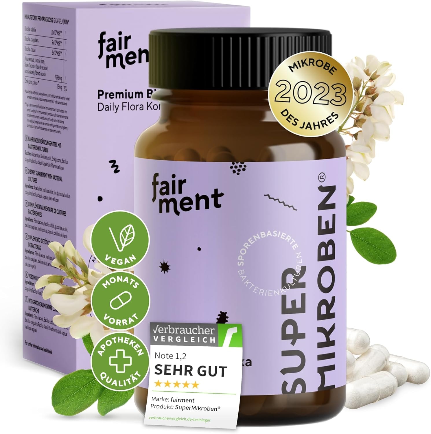 Produktbild von Bewertung fairment Super Mikroben 60 Kapseln Probiotika Darmgesundheit Vegan mit Akazienfasern und Zink für die Darmflora einfache Einnahme Glasverpackung