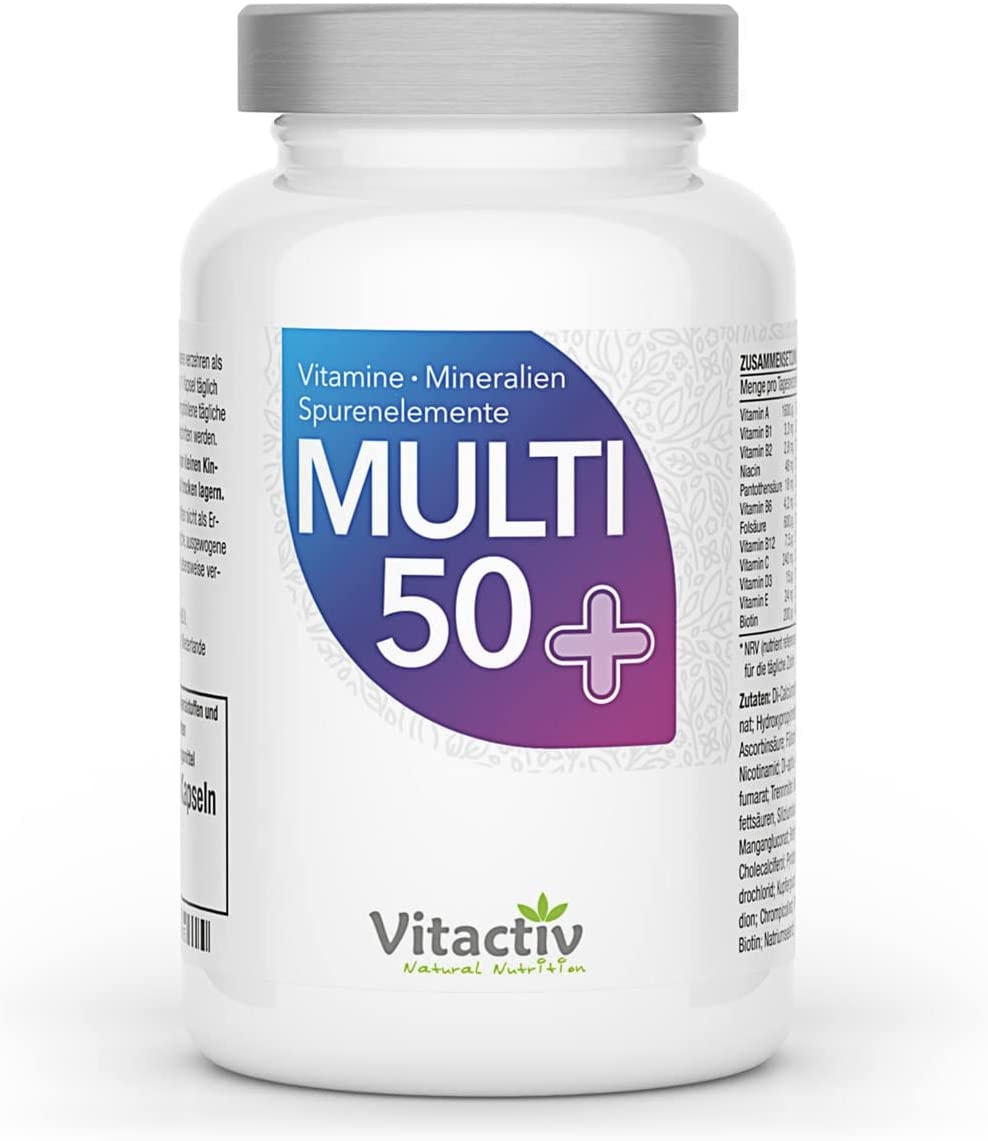 Produktbild von Vitactiv Natural Nutrition MULTI 50 plus Multivitamin Komplex Menschen ab 50 Vitamine, Mineralien, Spurenelemente - Vitamin B, C, E, K, D, Magnesium, Kalzium, Zink - Hochdosiert, Hormonfrei, ohne Jod - 60 Kapseln