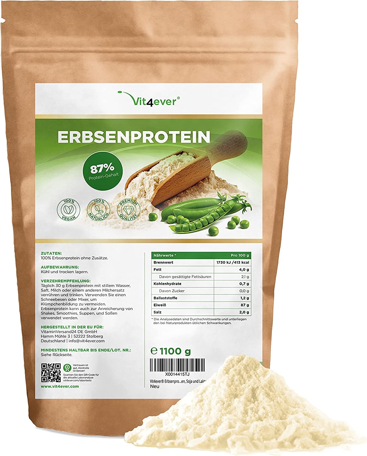 Produktbild von Bewertung Vit4ever Erbsenprotein Pulver 1,1 kg / 1100 g - 87% Proteingehalt - 100% Erbsen-Proteinisolat - Herkunft Belgien - Vegan - Reines Eiweißpulver - Laborgeprüft - Frei von Gluten, Soja und Laktose