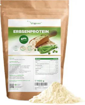 Produktbild von Bewertung Vit4ever Erbsenprotein Pulver 1,1 kg / 1100 g - 87% Proteingehalt - 100% Erbsen-Proteinisolat - Herkunft Belgien - Vegan - Reines Eiweißpulver - Laborgeprüft - Frei von Gluten, Soja und Laktose