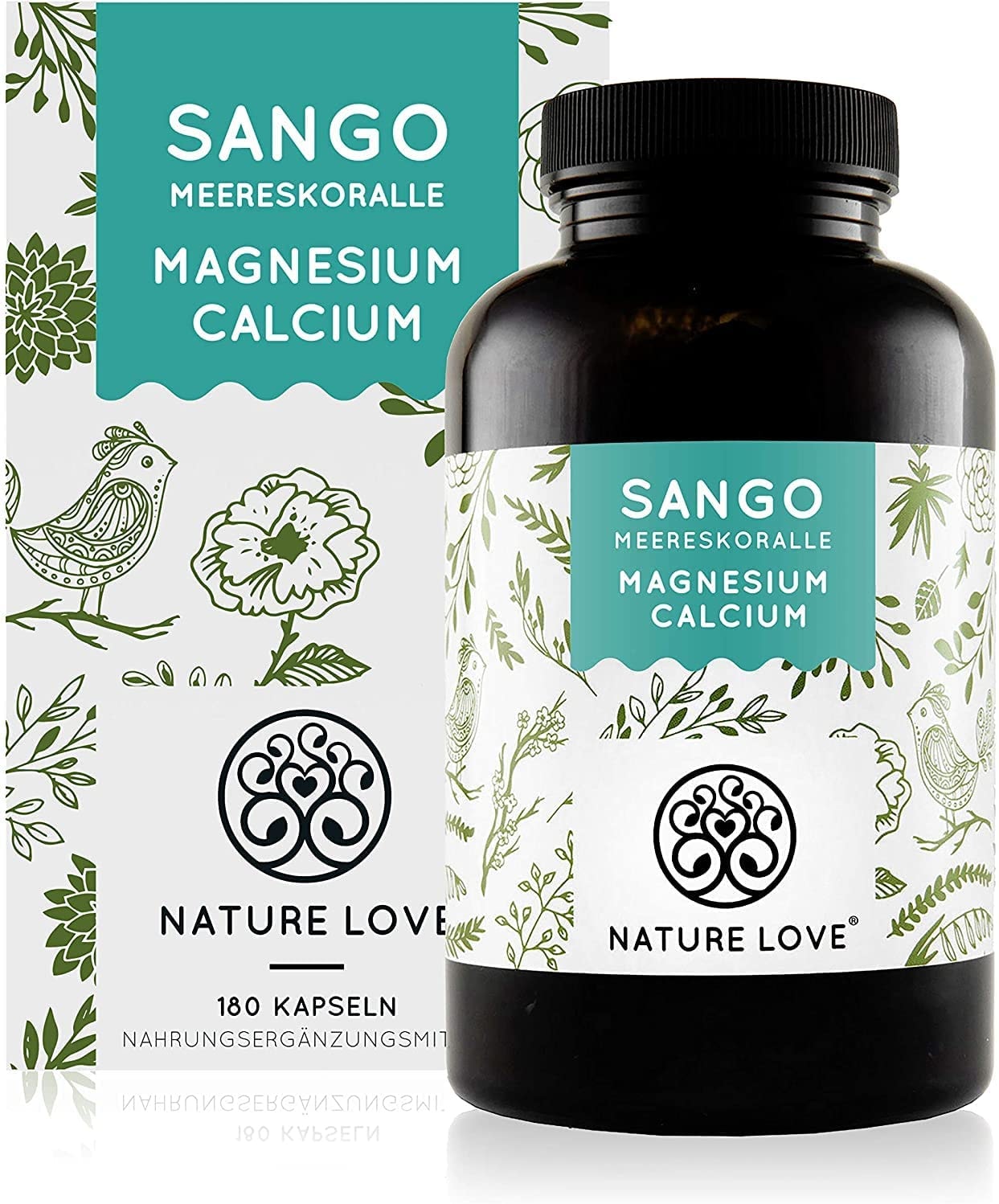 Produktbild von NATURE LOVE Sango Meereskoralle 180 Kapseln Natürliche Quelle für Kalzium (20%) und Magnesium (10%) im körpereigenen Verhältnis von 2:1. Hochdosiert und in Deutschland produziert
