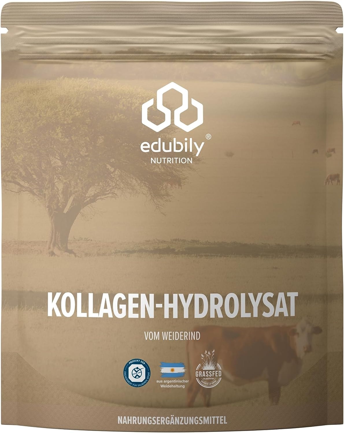Produktbild von Bewertung edubily Kollagen Pulver Hydrolysat zertifizierte Weidehaltung Premium Kollagen Pulver mit Co Faktoren zur Gelenkgesundheit kräftiges Bindegewebe Im recyclebaren Beutel 750g