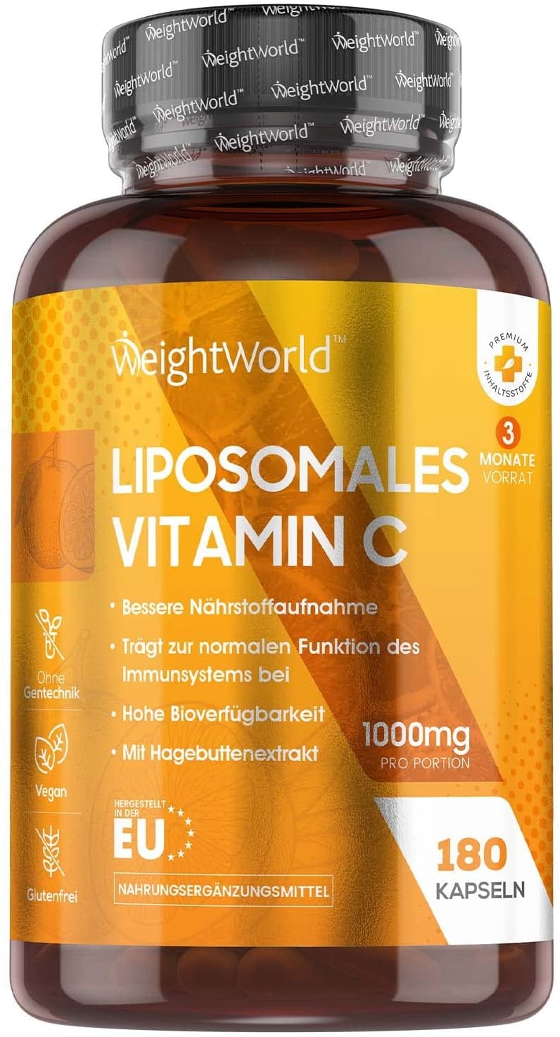 Produktbild von WeightWorld Liposomales Vitamin C - 180 vegane Kapseln - Mit 1000mg reinem Vitamin am Tag - Laborgeprüft in Deutschland - 100% Natürliche Liposomal Vitamine für Jung & Alt - Mit Hagebutte