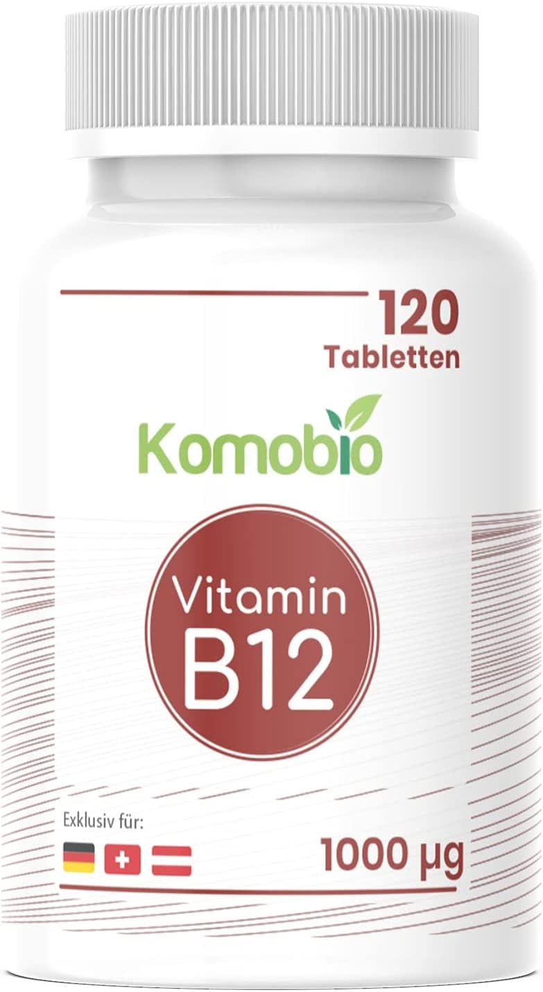 Produktbild von Komobio VITAMIN B12 1000µg - 120 Tabletten Vegan & Vegetarisch- Nervenfunktion & Zellteilung - Nur Premium Zutaten - Laborgeprüft Natürlich & Ohne Zusatzstoffe- Eine Tablet alle 2 Tage